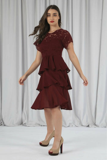 Burgundy Red Tiered Lace Dress Double Second